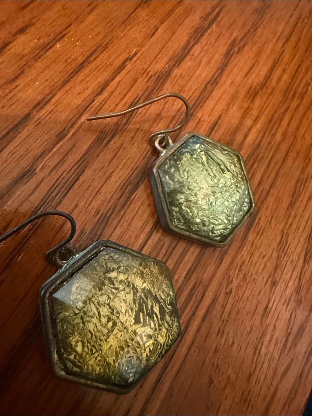 Hexagon Green/Gold Glass Drop Earrings in brass setting